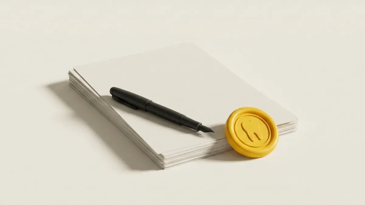 Pila de documentos en blanco con una pluma negra encima y un sello amarillo con la silueta de un diente