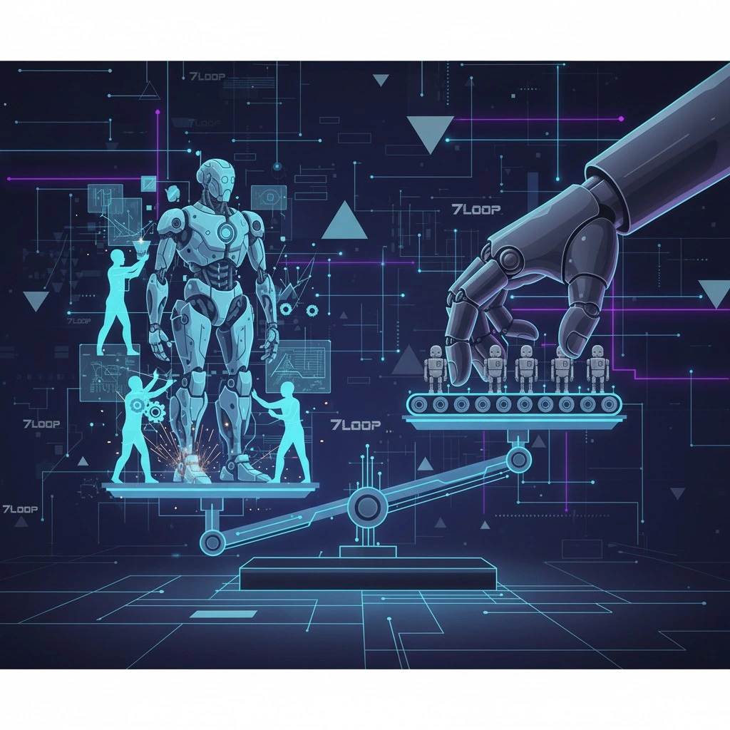 Balanza digital comparando una agencia de chatbots (equipo construyendo robot complejo) con una plataforma SaaS (mano ensamblando kit prefabricado).